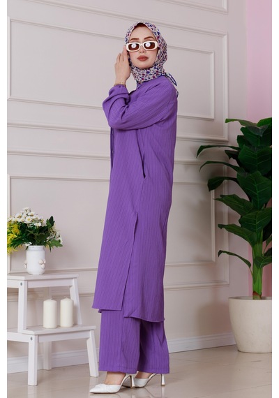 Sevitli Yırtmaç Detaylı Tunik Pantolon Takım-mor-4864