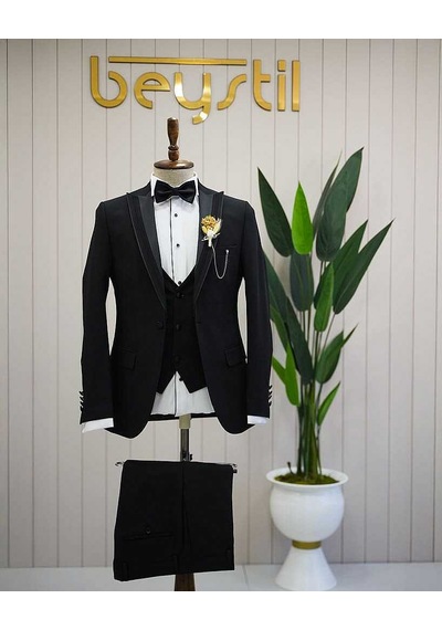 Bys Beystil Erkek Sivri Yaka Siyah Damatlık Ve Smokin Takım 10003 - Slim Fit