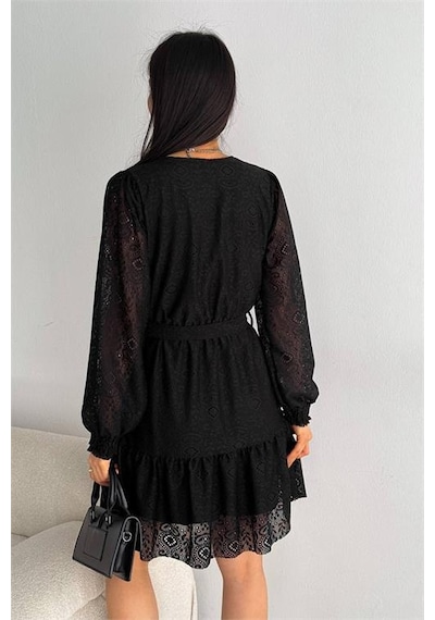 Neşeli Butik Kadın Siyah Kruvaze Kuşaklı Mini Elbise Nbk2026 Siyah