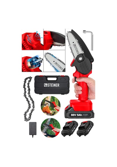 Steiner 88V 5Ah Çift Akülü Çantalı Dal Kesme Budama Testeresi Bıçkı Makinesi Kırmızı + Zincir
