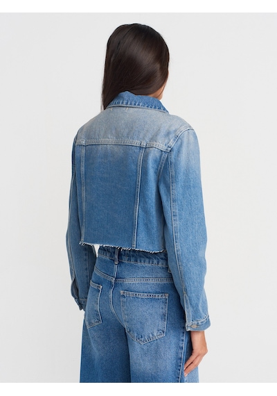 Dilvin 65366 Fleto Cepli Crop Denim Ceket-mavi Mavi