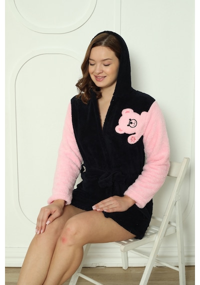 Wordex Fawn 3609 Kapüşonlu Welsoft Peluş Yumoş Panda Nakışlı Kadın Sabahlık Siyah