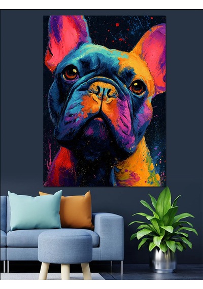 Ahşap Tablo Renkli Fransız Bulldog Köpek