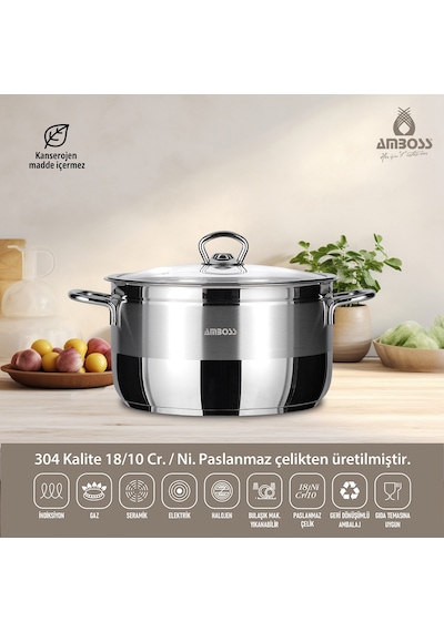 Amboss Saphire Paslanmaz Çelik Cam Kapaklı Derin Tencere - 28 Cm