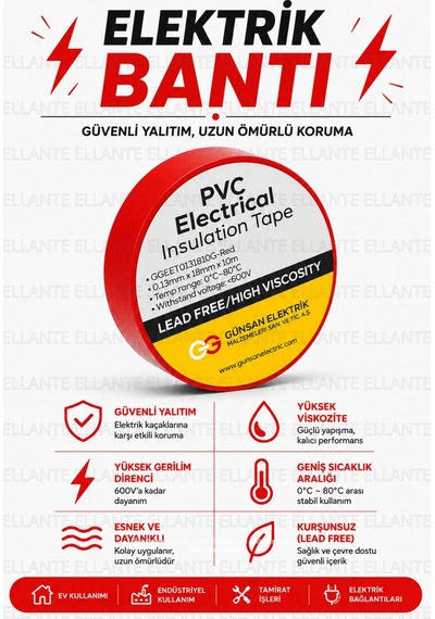 Kırmızı Profesyonel Pvc Elektrik Bandı 18mm X 10m Güçlü Yapışkanlı, 600v Dayanımlı, Esnek İzolasyo