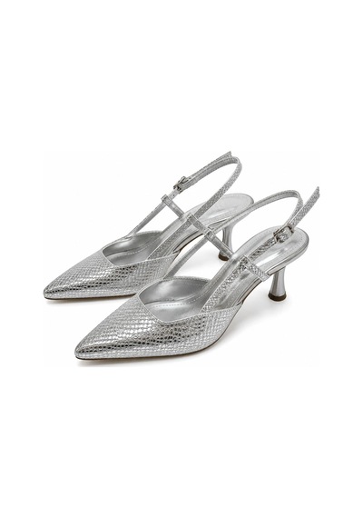Asmi Shoes Kadın Matina Gümüş Baskılı 7 Cm Topuklu Sivri Burun Arkası Açık Ayakkabı GÜMÜŞ
