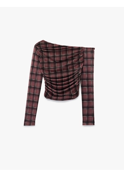 Koton Asimetrik Yaka Uzun Kollu Drape Detaylı Ekose Tişört Bordo Ekose 6wal10437ık