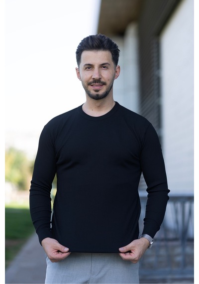 Hk Premium Erkek Fitilli Slim Fit Bisiklet Yaka Triko Kazak Siyah