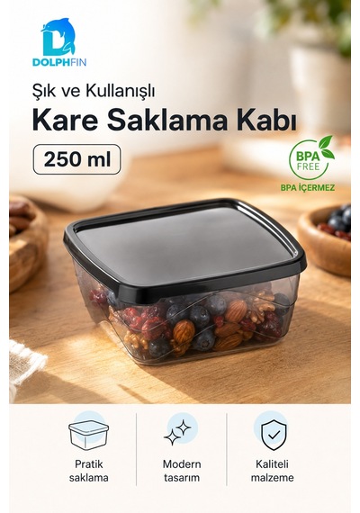 Kare Saklama Kabı 250 Ml 10x10x4 Cm Füme Şeffaf Siyah Kapaklı Bpa İçermez