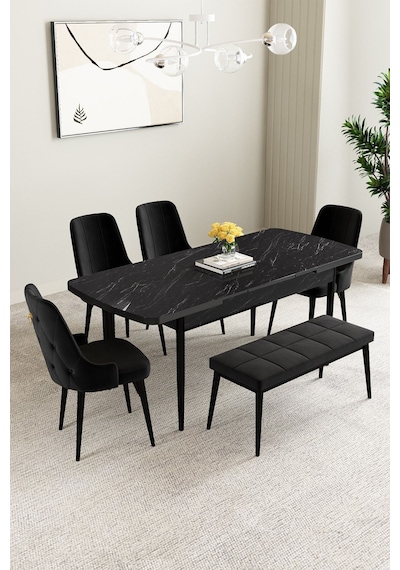 Mabel Siyah Mermer Desen 80x132 Açılabilir Yemek Odası Takımı 4 Sandalye, 1 Bench Siyah Mabel Siyah Mermer Desen 80x132 Açılabilir Yemek Odası Takımı 4 Sandalye, 1 Bench Siyah