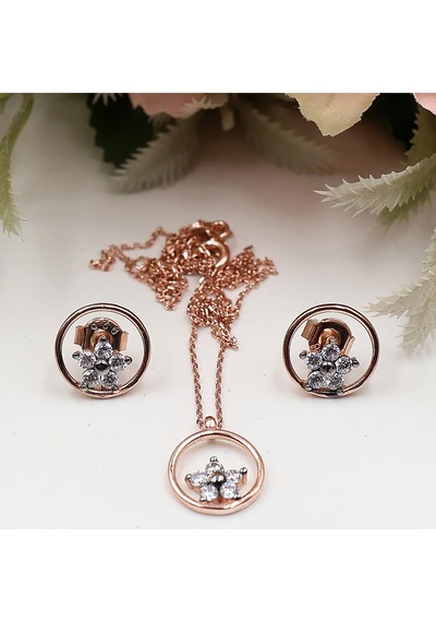 Yuvarlak Halka İçinde Elmas Çiçek Montürlü Set Rose Gold - Gümüş