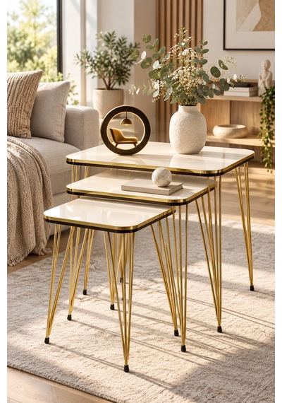 Odera Çift Tel Zigon Sehpa 3'lü Set Suntalam Modern Retro Salon Sehpası Diğer
