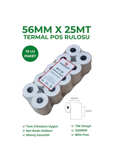 56x25 Termal Rulo Yazarkasa Pos Rulosu 5 Paket 50 Adet Tse Belgeli Bpa Free