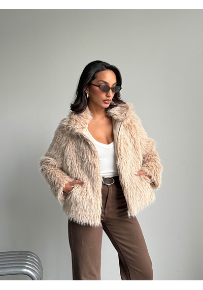 Verymoda Yapay Kürk Kadın Ceket Fermuarlı, Yumuşak Dokulu Modern Kışlık Mont F2037 Taş