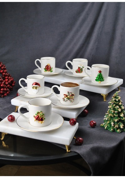 6 Kişilik Yılbaşı Dekorlu Porselen Kahve Fincan Takımı 90 Ml Yeni Yıl Noel 12 Parça Beyaz