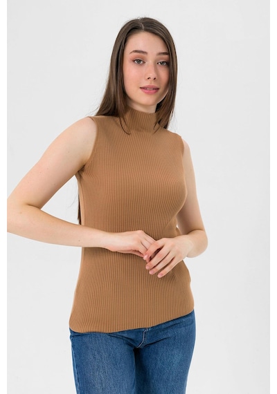 Miss Poem Kadın Boğazlı Balıkçı Yaka Kolsuz Basic Camel Triko Bluz Camel