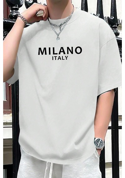 Erkek Milano Baskılı Oversize Tshirt Beyaz