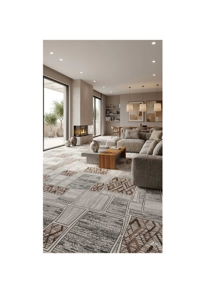 Nesrin Modern Kahve Gri Etnik Desen Kaymaz Jel Taban Halı