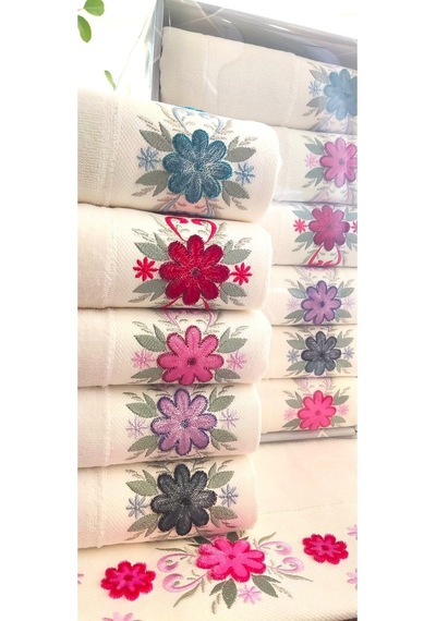 6.lı Set Annem 50x90 Cm. Özel Tafting Nakışlı Kadife Doku Çeyizlik Lüks Havlu Seti Beyaz Renkli
