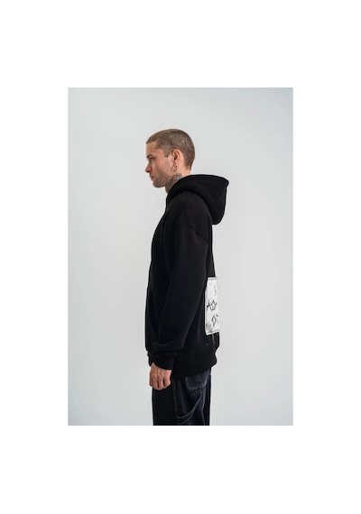 Erkek 3 İplik Pamuklu Kapüşonlu Patchli Nakışlı Hoodie Sweatshirt - Siyah