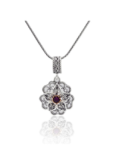 Yakut Taşlı Gül Model Oksitli 925 Ayar Gümüş Telkari Kadın Kolye 201025655
