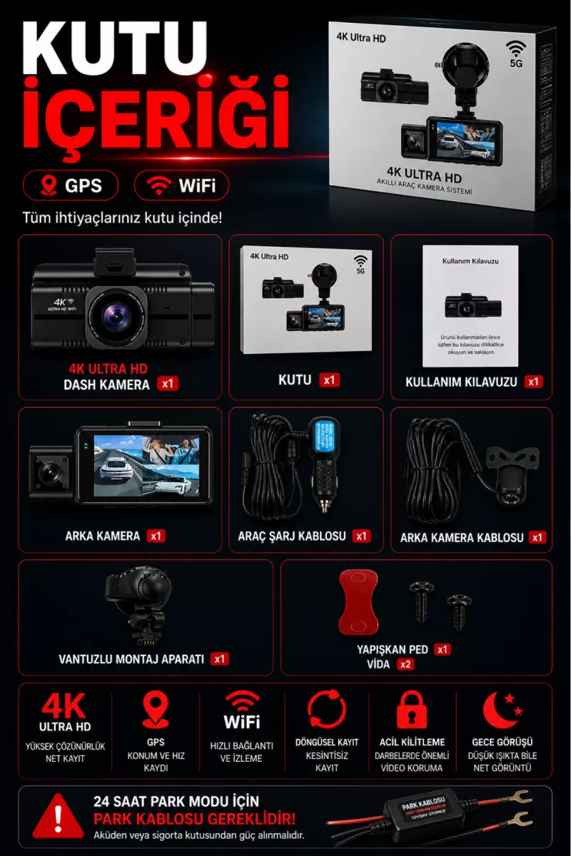 4k Araç İçi Kamera 3 Kameralı Ön-arka-iç Wifi Gps Park Modu Gece Görüşlü Araç İçi Kamera F6 Dash Cam