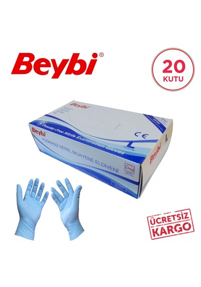 Beybi L Large Pudrasız Mavi Nitril Muayene Eldiveni 20 Paket 1 Koli
