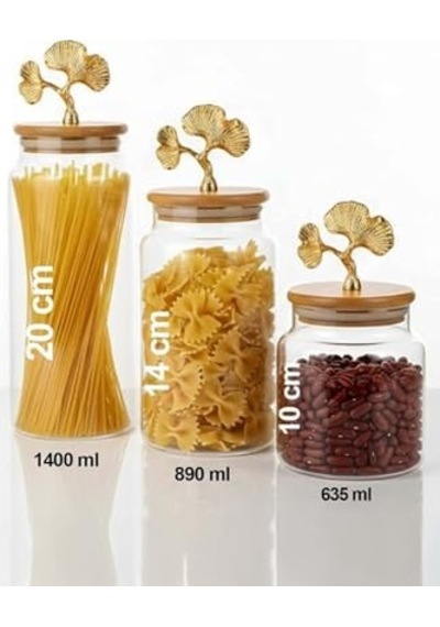 3&apos Lü Bambu Kapaklı Metal Ginkgo Figürlü Şeffaf Cam Kavanoz Şeffaf Cam Saklama Kabı 635/890/1400ml Ahşap