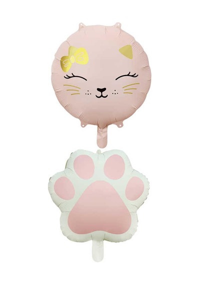 Retro Pembe Renkli Kedi Ve Pati Folyo Balon Set Pembe