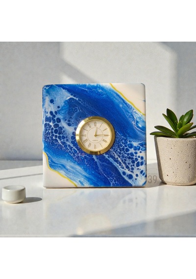 15x15 Cm El Yapımı Geode Masa Saati Altın Quartz Masaüstü Saat 5 Cm Kalınlık Beyaz - Mavi