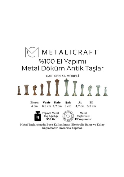 Mc46 Büyük Boy Metal Satranç Takımı 37x37cm Doğal Ahşap Kayın Tahta El Yapımı Antik Metal Taşlar