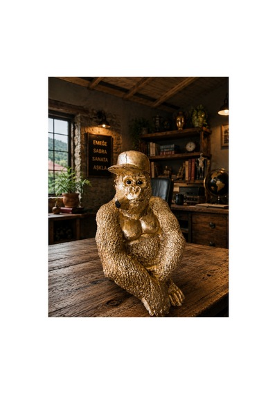 Dekor Şapkalı Goril Biblo Gold Renk Polyester Dekoratif Ofis Salon Obje 19 Cm Altın