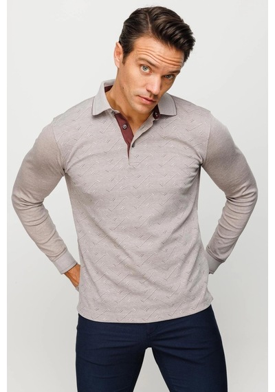 Desen Triko Erkek Polo Yaka Desenli Uzun Kollu Sweatshirt Bej Bej