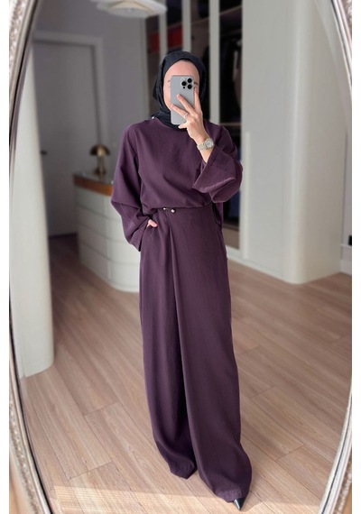 Ka Hijab Kruvaze Pantolonlu Salaş Takım - Mürdüm Bordo