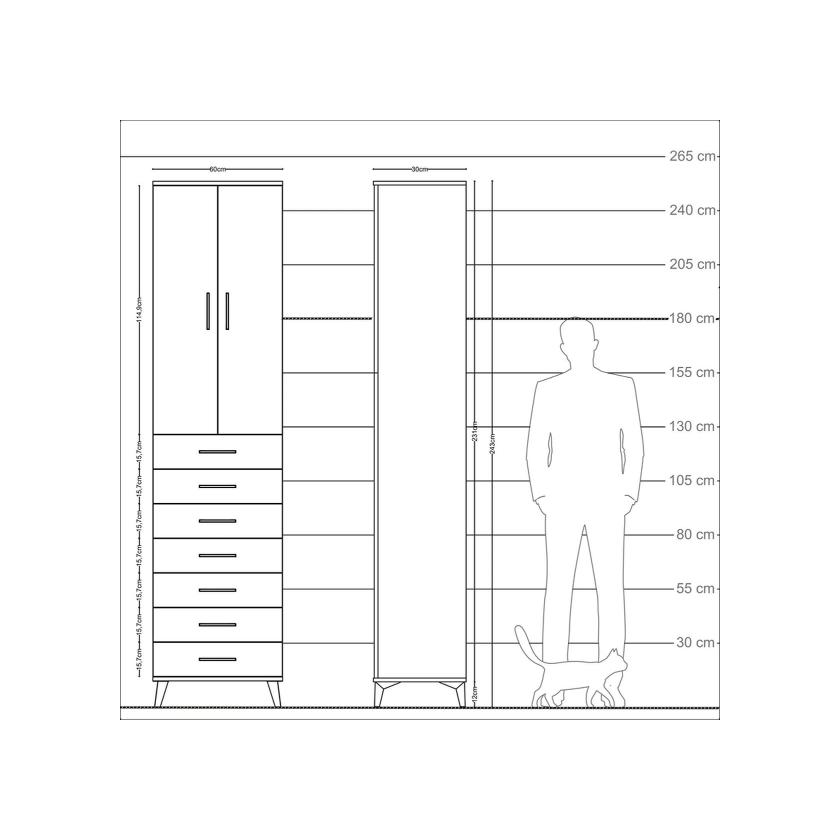 Arges Dolap 3 Raflı 7 Çekmeceli 2 Kapaklı 60x30x243 Çam-antrasit Çam