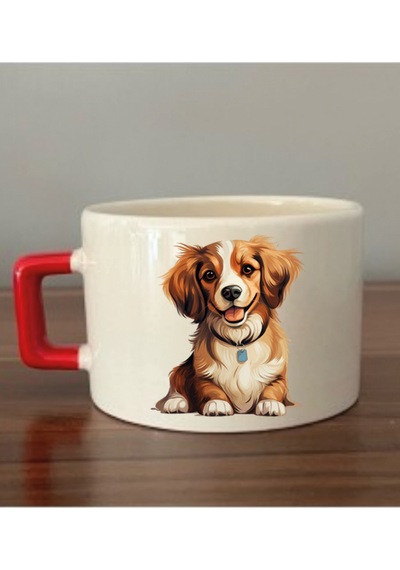 Sevimli Köpek Temalı Kırmızı Kulplu Fincan Kupa Bardak - Seramik Çay, Kahve Hediyelik Bardağı Beyaz