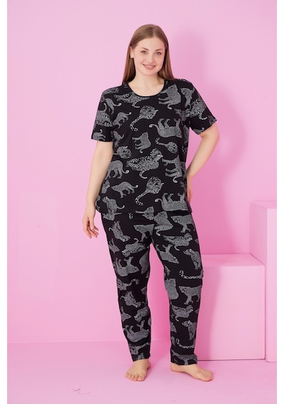 Siyah İnci Beden Battal Boy Bisiklet Yaka Örme Pijama Takım Siyah Kaplan Siyah İnci Beden Battal Boy Bisiklet Yaka Örme Pijama Takım Siyah Kaplan