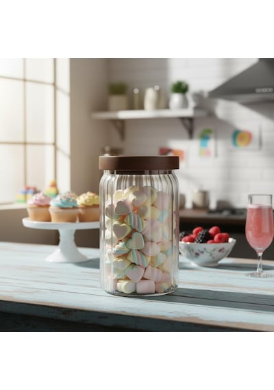 Akasya Kapaklı Çizgili Cam Kavanoz 750 Ml Hava Geçirmez, Modern Fitilli Tasarım Gıda Saklama Kabı Bakliyat, Diğer