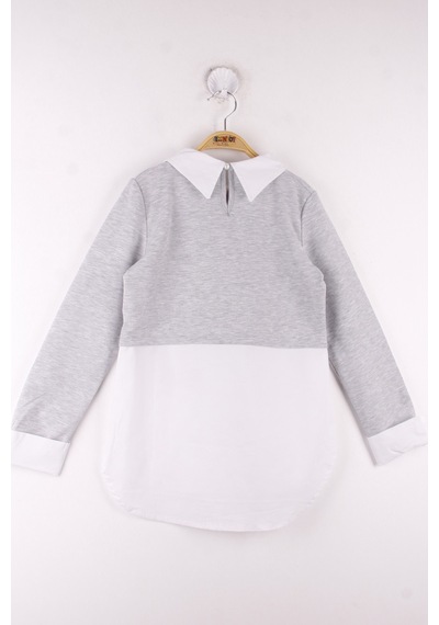 Toontoy Kız Çocuk Gömlek Detaylı Yakası İncili Okul Sweatshirt Gri Melanj