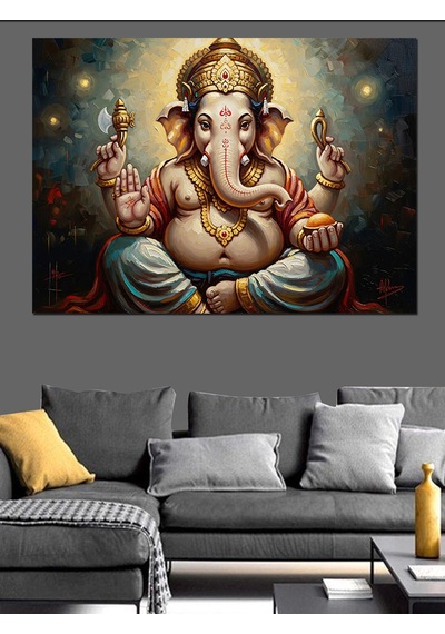 Hint Tanrısı Ganesha Mistik Portre Dekoratif Kanvas - Mdf Ahşap Tablo