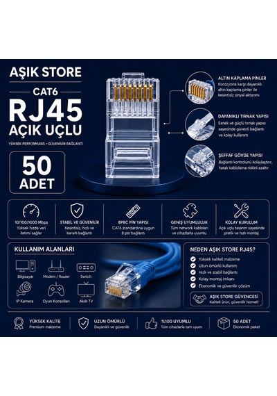 Cat6 Rj45 8p8c Ethernet Konnektör 50 Adet