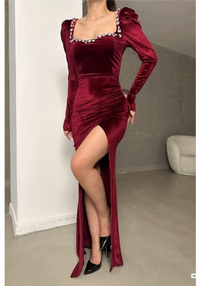 DefyModa Kadın Hediyelik Kare Yaka Taş Detaylı Uzun Kollu Abiye Elbise Bordo