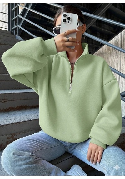 No8 Home 3 İplik Şardonlu Yarım Fermuarlı Sweatshirt Mint Mint