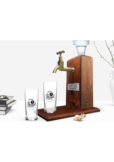 Kişiye Özel Renkli Baskılı Sosyal İçici Tasarımlı İkili Rakı Bardağı Ve Ahşap Rakı Standı Hediye Seti-3 Sarı