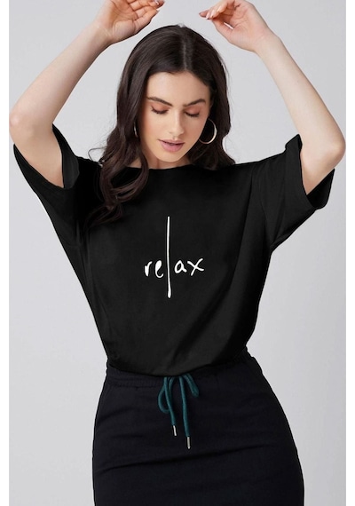 Kadın Siyah Relax Baskılı Oversize T-shirt 001