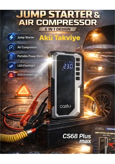 Cs68 12000mah Akü Takviye Cihazı Ve Hava Kompresörü 5in1 Jump Starter Powerbank 150 Psı