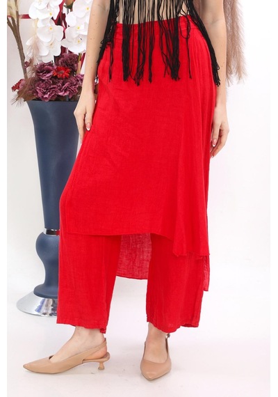 Bohem Stil İtalyan Ham Keten Pantolon Etek-8747 Kırmızı