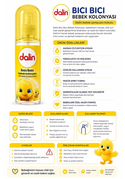 Dalin Bıcı Bıcı Bebek Kolonyası Sprey 100 Ml Bebek Şampuanı Kokulu Hassas Ciltlere Uygun