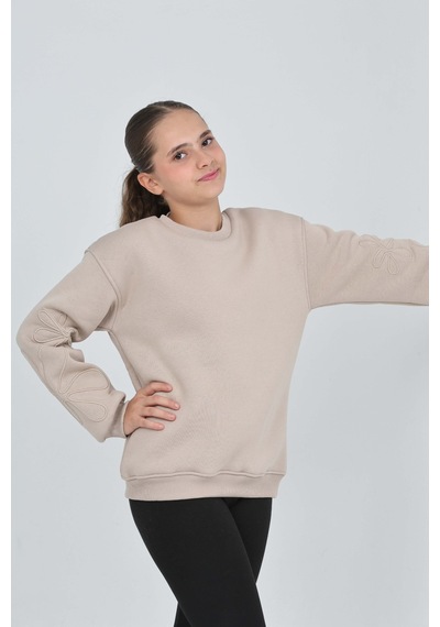 Toontoy Kız Çocuk Relax Fit Bisiklet Yaka Düşük Omuz Sweatshirt Bej