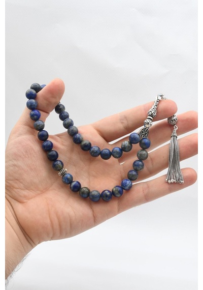 33'lük Doğal Lapis Lazuli Taşlı Tesbih 925 Ayar Gümüş Püsküllü 10mm Küre Kesim